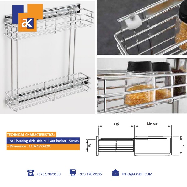 Buy Ak Ball Bearing Slide Side Pull Out Basket - 150mm - 110x435x420 Online | Manufacturing Production Services | Qetaat.com